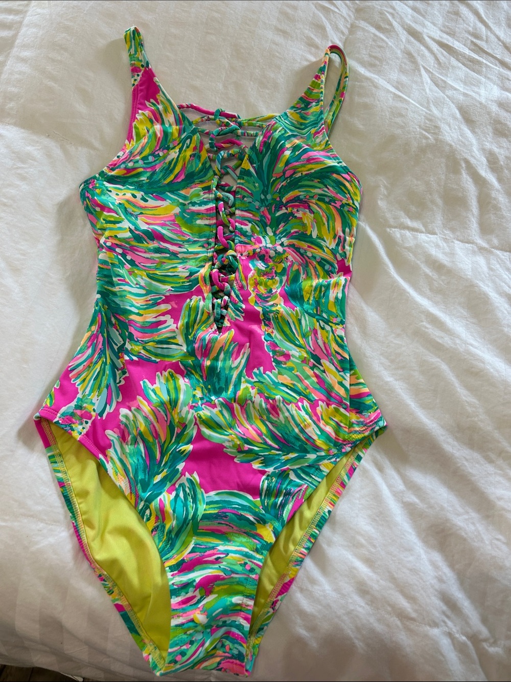 Lilly Pulitzer Girls One-Piece Swimsuit in Bright Pink & Green Tropical Print